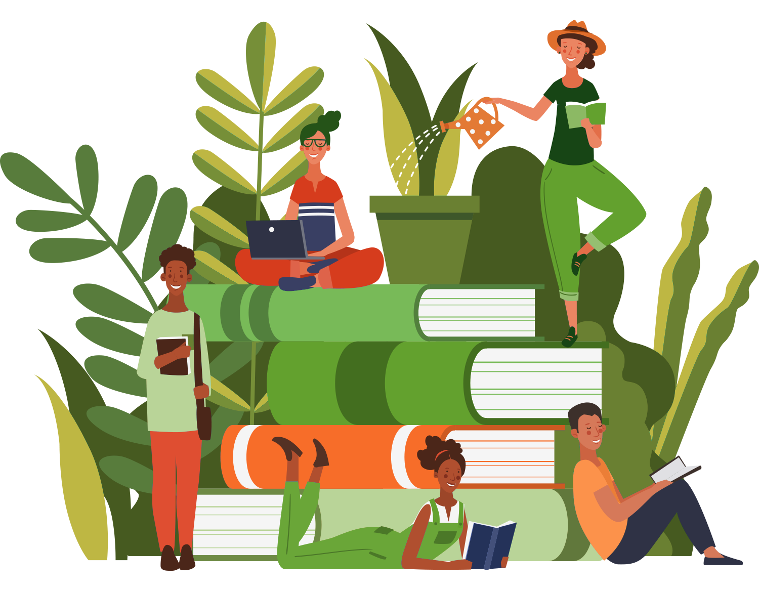 illustration of class learning on giant books and plants