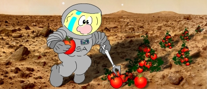cartoon astronaut picking tomatoes on mars