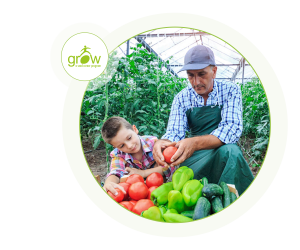 grow-a-seed logo and farmer showing tomatoes to child