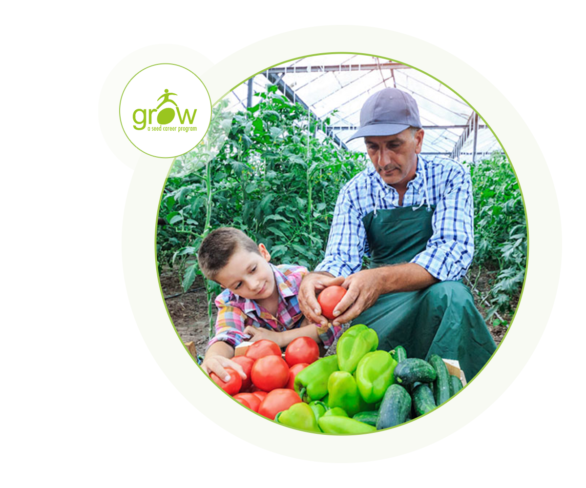 grow-a-seed logo and farmer showing tomatoes to child