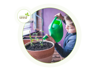 plant a seed logo and image of child watering plant