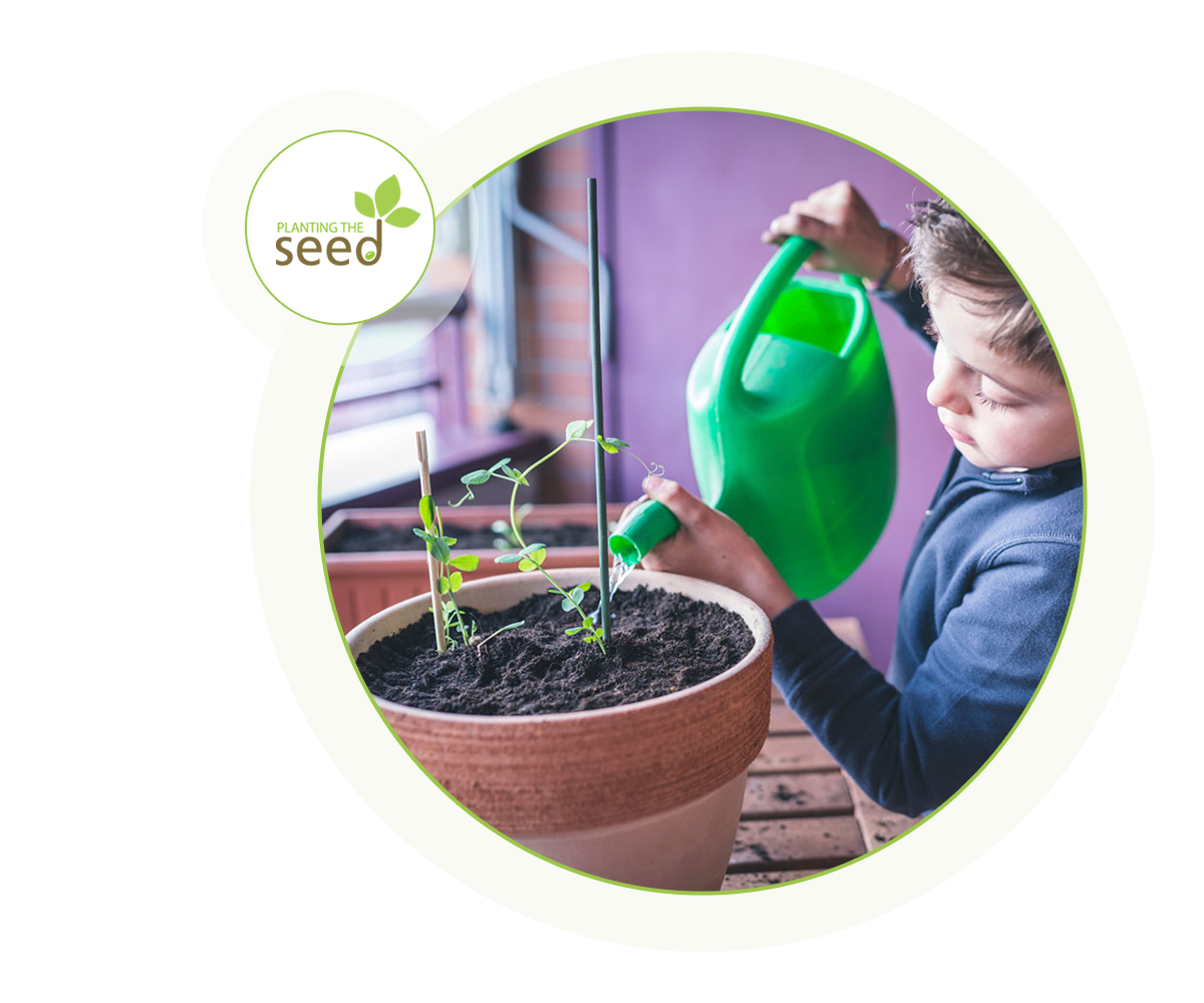 plant a seed logo and image of child watering plant