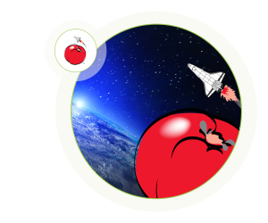 tomatosphere logo and image of shuttle going around the tomato/earth